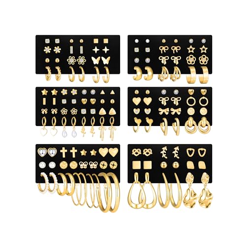84 Pairs Gold Stud Earrings Set for Women Multipack, Fashion Pearl Cubic Zirconia Butterfly Earrings Packs Piercings, Hypoallergenic Stud Hoops Earrings for Gift (Style07-gold)