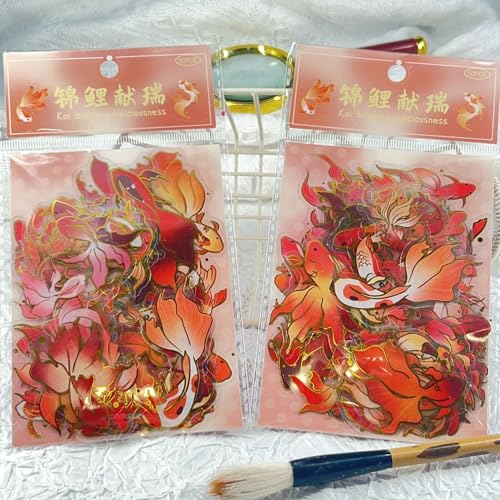 Image of 50PCS Gold Stamp Stickers Goldfish Aesthetic PET Travel Journal Decal Waterproof Decorative Decals for Scrapbook DIY Crafts Album Bullet Journal Planner Water Bottles Laptop Phone (Gold Stamp-A)