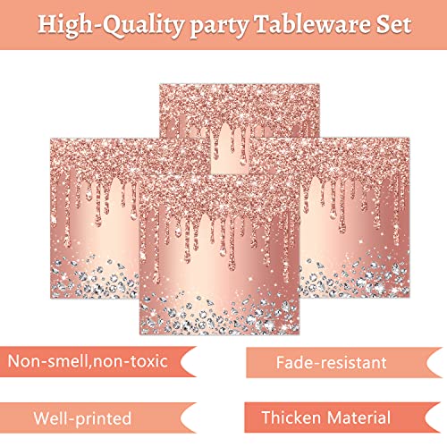 Rose Gold Party Plates And Napkins Set Pink Gold Party Decorations Supplies Pink Rose Gold Birthday Party Gold Plated Diamond Theme Party Tableware For Women Birthday Anniversary Party, 24 Guests #TOP6