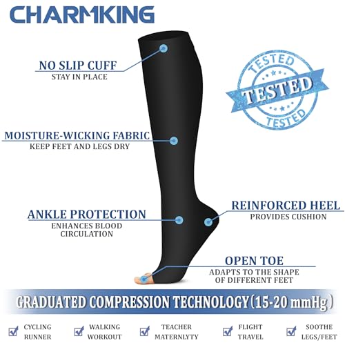 CHARMKING 3 Pairs Open Toe Compression Socks for Women & Men Circulation 15-20 mmHg is Best Support for All Day Wear4