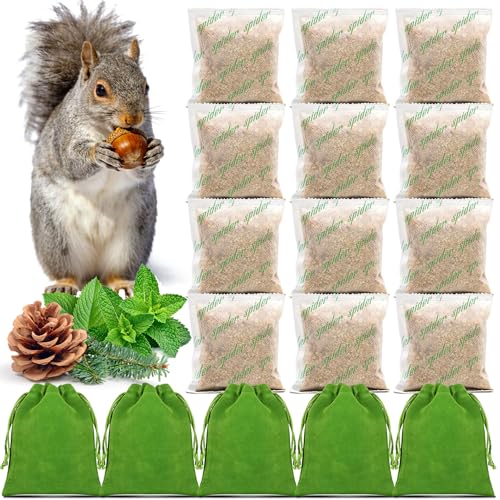12 Pack Peppermint Oil Squirrel Repellent - Squirrel Deterrent with Textile Pouch for Easy Hanging Protects Gardens Attics Camping Orchard & Bird Feeder