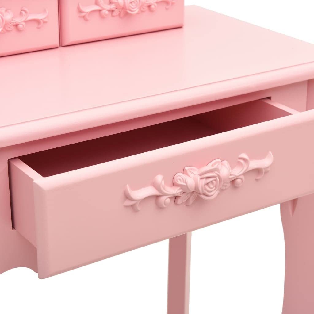 Juego de tocador con taburete de madera de paulownia rosa, 50 x 59 x 136 cm, con espejo, 1 cajón grande, 2 cajones pequeños, para dormitorio, baño, niña