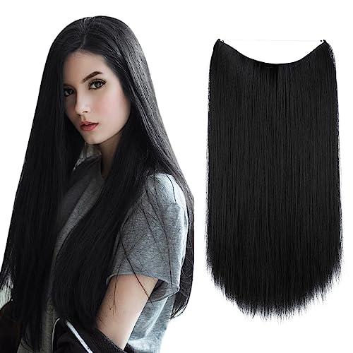 Image of SARLA Invisible Wire Hair Extensions Black Straight Long Synthetic Hairpieces for Women 22 Inch Adjustable Headband Heat Resistant Fiber No Clip