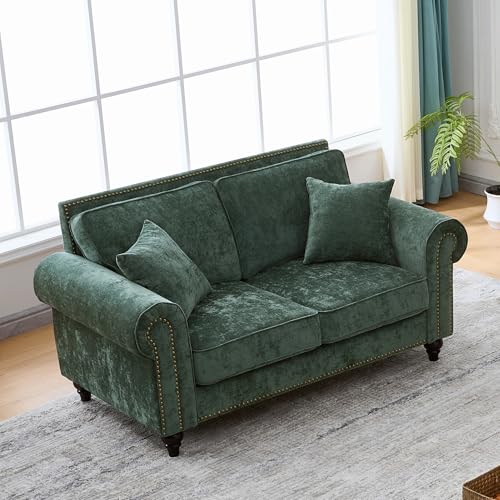 Image of KEIKI 64 inch Oversized Chenille Loveseat Sofa with Rolled Arms and Nailhead Trim, Upholstered Modern Style 2-Seater Couch with High-Density Foam Cushions, Easy Assembly, for Apartment, Living Room, Green