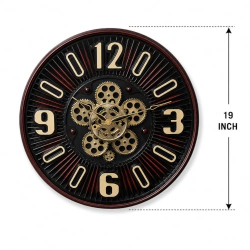 Image of Big Size 19 Inch (48 Cms) Brown Wall Clock with Rotating Moving Gear Mechanism,Silent Sweep Movement | Wall Clock for Living Room, Bedroom, Resorts & Hall. (Round 19 INCH (COLA))