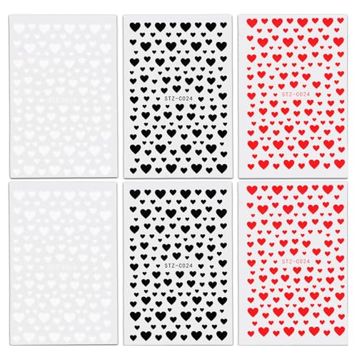 Wisebom Juego de pegatinas de uñas en 3D, 6 Pcs Pegatinas Uñas Corazón San Valentín, Rojo Negro Blanco Calcamonía Uñas Corazones, Self Adhesive Nail Decals para Uso Doméstico y de Salón