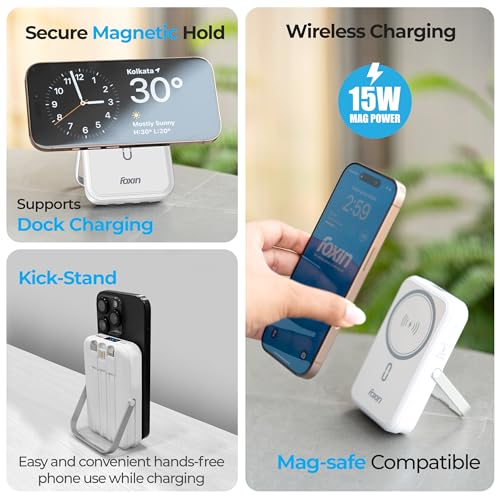 Image of Foxin All-in-One Mag Pro 10000mAh Magnetic Wireless Power Bank | 22.5W Fast Charging, MagSafe & Wireless Charging for Android & iPhone 12 & Above | Built-in Cables | Stand | BIS Certified | White