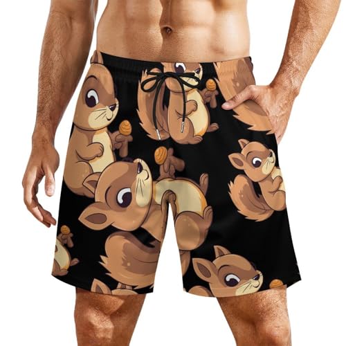 Cartoon Squirrel Men's Swim Trunks Board Shorts Quick Dry Bathing Suit Swimwear with Compression Liner