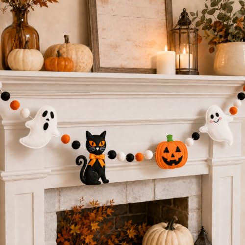 Wavyknot 6.6 ft Halloween Felt Banner Ghost Cute Halloween Decor Pumpkin Decoration for Mantle Pumpkin Black Cat Garland Hanging Sign for Home Wall Haunted Houses Decor Indoor Party Supply
