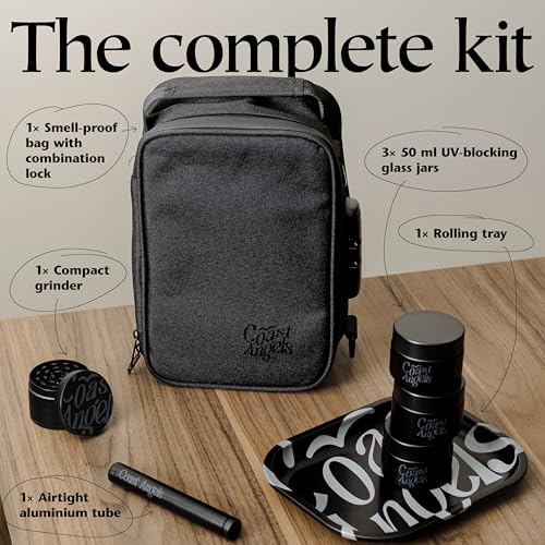 COAST ANGELS Geruchsdichte Tasche mit Zubehör-Set – Stash Box mit Grinder, 3 Gläsern, Rolling Tray & Tube – Abschließbare Tasche als Geruchsdichte Box für Zuhause, Reisen und Geschenke
