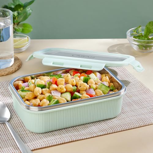 Image of Larah by BOROSIL Freshbyte Food Storage Container with Airtight Stainless Steel Lid | Fridge Container for Lunchbox | Food Grade | Microwave Safe (Green, 600 ml, Rectangular)
