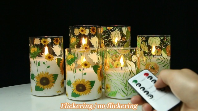 Image of Sunflower Glass Flameless Pillar Candles with Remote, Flickering LED Battery Candles Summer Home Decor Set of 3