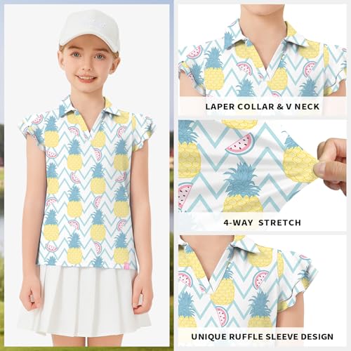 Image of Soneven Girls Ruffle Sleeve Polo Shirts V-Neck Golf Tennis T-Shirts Uniform Shirts Quick Dry for 4-14 Years