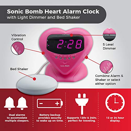 Sonic Alert Sonic Bomb Extra Loud Heart Alarm Clock With Bed Shaker Vibrator Metallic Pink - Sbh400Ssp Vibrating Alarm Clock Heavy Sleepers, Battery Backup | Wake With A Shake #TOP3