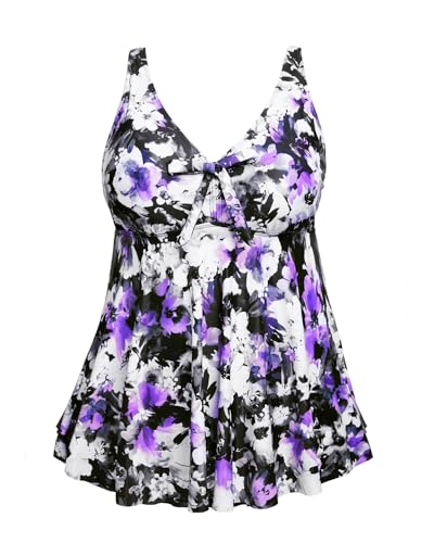 Plus Size Tankini Tops for Women Only - Flowy Bathing Suits Tops Modest Swimsuit No Bottom Purple Floral 18 Plus