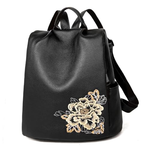 Image of BOYATU Women's Full-Grain Leather Backpack Purse, Elegant Floral Designer Purse, Work Commuter & City Travel, Compact Everyday Essentials, Fashion RFID Pocket Bag (Black)