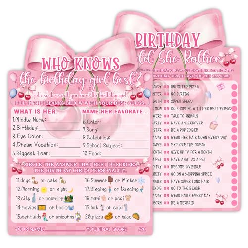Image of Pink Bow Cherry Themed Girl's Sleepover Party Supplies - Girl's Birthday Night Game Ideas - Who Knows The Birthday Girl Best 20 Pieces