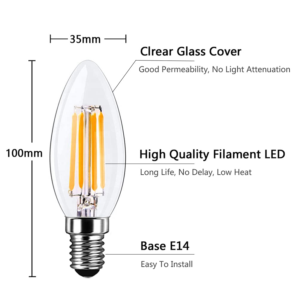 Ampoule Filament E14 LED 4W Equivalent 40W 400LM, Blanc Chaud 2700K, Ampoule Bogie LED E14 pour Lustres, Lustres en Cristal, Luminaires Décoratifs, Non-dimmable, Verre, Lot de 12