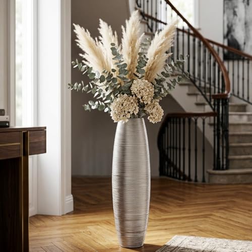 Image of Large Floor Vase 35.4 inch Silver Metallic, Resin Wide-Body Vase with Horizontal Ribbed Texture for Dried Pampas Grass Branches, Modern Home Decor for Living Room Corner Entryway