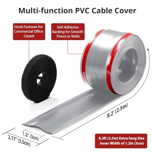 Image of ZhiYo 8.2ft Cord Cover for Wires on Floors or Walls, 2.2in Wide, Grey | Soft PVC cord hider with hook fastener for carpets. Easy to cut and install for extension cords, Ethernet & speaker cables