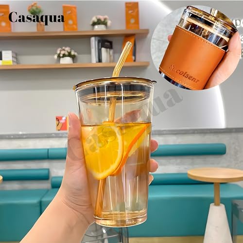 Image of Coffee Sipper Mug with Leather Sleeve, Clear Drinking Glasses Tumblers with Straws and Lids for Iced Tea, Juice, Cocktail, Smoothies Cold & Hot Drink Cups (450ML, Pack of 1, Brown)