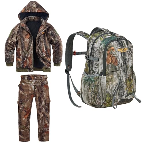 NEW VIEW Kids Camo Hunting Clothes Silent-Jacket & Pants for Boys & Girls (L),30L Camo Hunting Bag for Kids & Youth