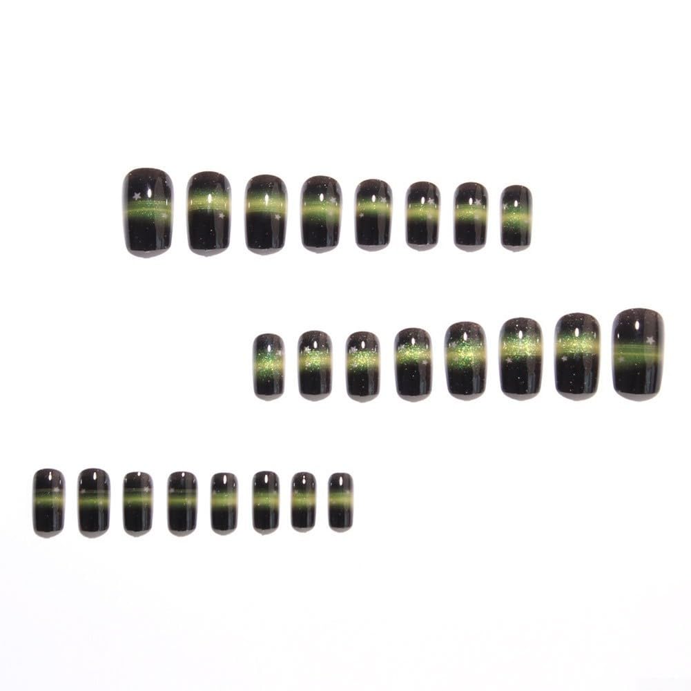 Uñas Postizas Cuadradas Verde Ojo de Gato 24 para uds Uñas Postizas