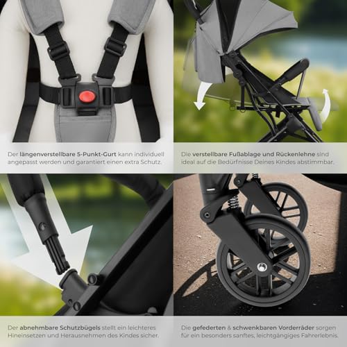 tectake® Buggy Kinderwagen von 0 bis 3 Jahre, Wagen für Baby Erstausstattung Neugeborene und Kinderbuggy mit Sonnenverdeck, einhändig faltbarer Reisebuggy, Reisekinderwagen, Baby Wagen - grau