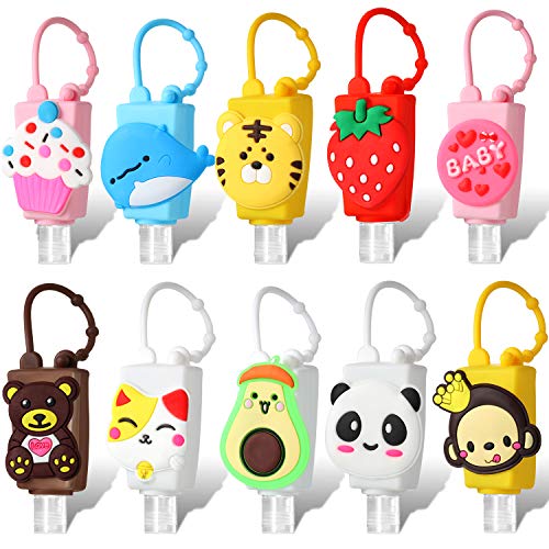 10 Pieces 30 ml Mini Assorted Travel Bottles Holder Kids Cute Cartoon Portable Plastic Leak Proof Bottles Keychain Carriers Without Liquid