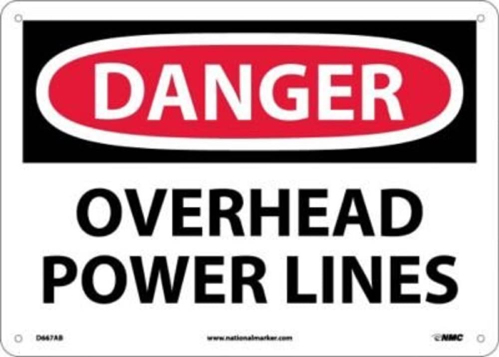 NMC D667AB DANGER - OVERHEAD POWER LINES - 14 in. x 10 in. Standard Aluminum Danger Sign with White/Black Text on Red/White Base