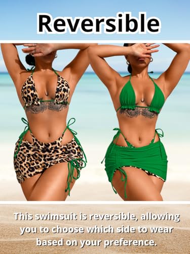 Image of ShawGobow Womens 3 Piece Leopard Bikini Set,Triangle String High Cut Thong Sexy Swimsuit & Coverup Skirt,Pool Party Outfit