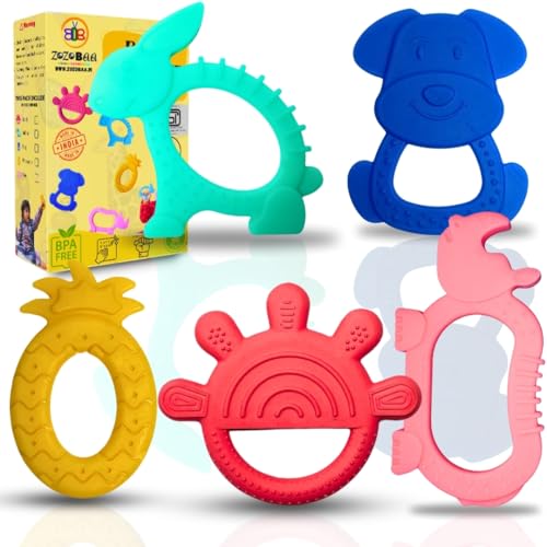Image of Cute Shape Soft Silicone Teether for Baby Gums Teething Toys for Babies BPA Free Pain Relief Non-Toxic 100% Food Grade Soothing Easy to Chewable- Rhino+Pineapple+Dog+Rabbit+Hand (Pack of 5)