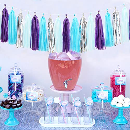 Image of Purple-Blue Silver Frozen Christmas Party-Decorations - 30pcs Tissue Pom Poms Streamers,Winter Girl Birthday New Year Tassel Garland Banner,Wonderland Mermaid Baby Shower Wedding Supplies Decor Bunting Lasting Surprise