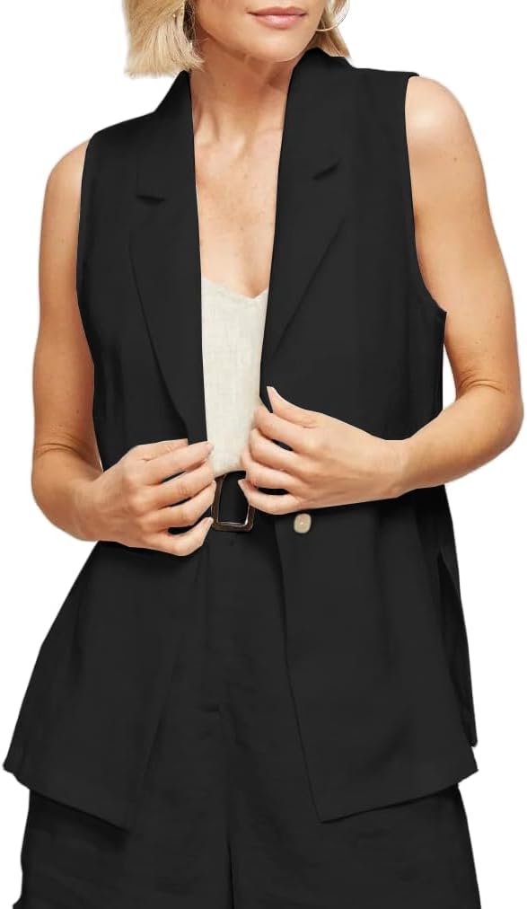 IDEALSANXUN Linen Vest Women Spring Summer Sleeveless Blazer Jackets Casual Lightweight Cardigan Vest Top Waistcoat