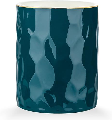 WHJY Taza de cerámica verde para lápices, soporte para brochas de maquillaje, soporte de bolígrafo dorado para escritorio, bonito soporte para