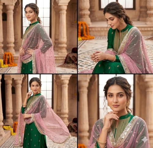 Image of Navti Creations Women's Lightweight Net Dupatta With Sequence Embroidery & Kiran Border (Length 2.25m)
