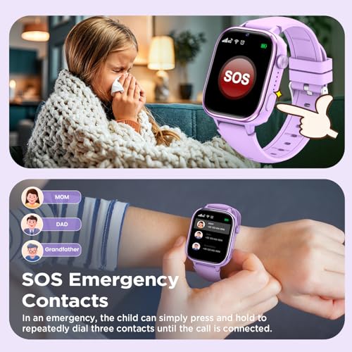 Nuevo 4G Reloj Inteligente Niño con Videollamada & GPS, Smartwatch Niños con SOS, Chat de Voz, Modo Escuela, Podómetro, Despertador, Monitor de Sueño IP68 Impermeable Regalo para Niños Niñas, Púrpura 6