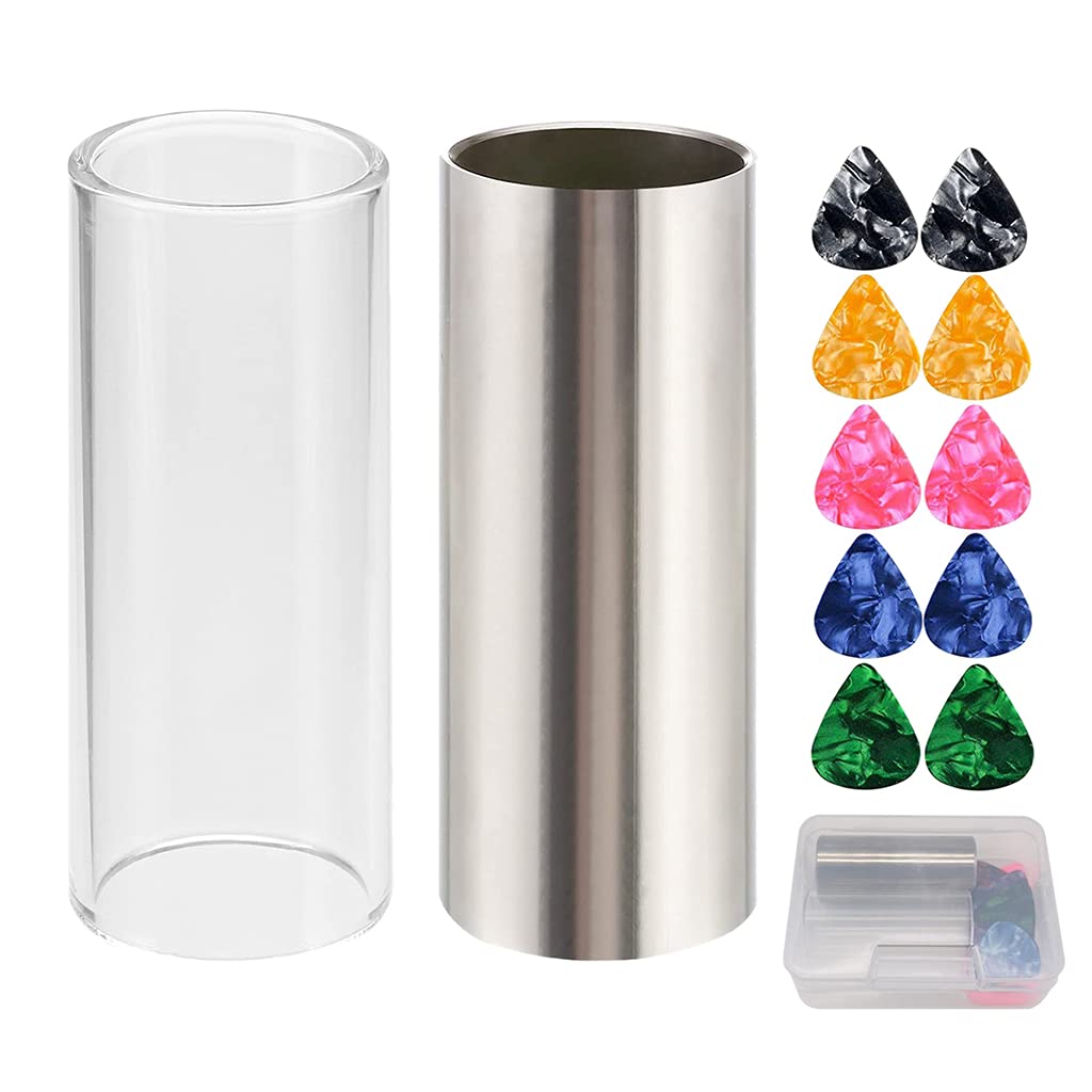 Chniafin Silver/Black/Yellow Guitar Slides Set 1 Glass Slide 1 Stainless Steel Slide And 10 Guitar Picks In Box For Guitar Bass Medium Glass Slides