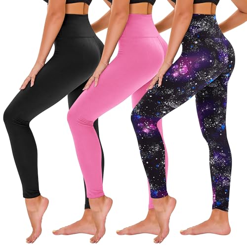 TNNZEET 3 Pack Leggings for Women - Black Tummy Control High Waisted Soft Yoga Pants for Workout Gym Running with Pockets Large-X-Large 01 Black/ Hot Pink/ Galaxy Print