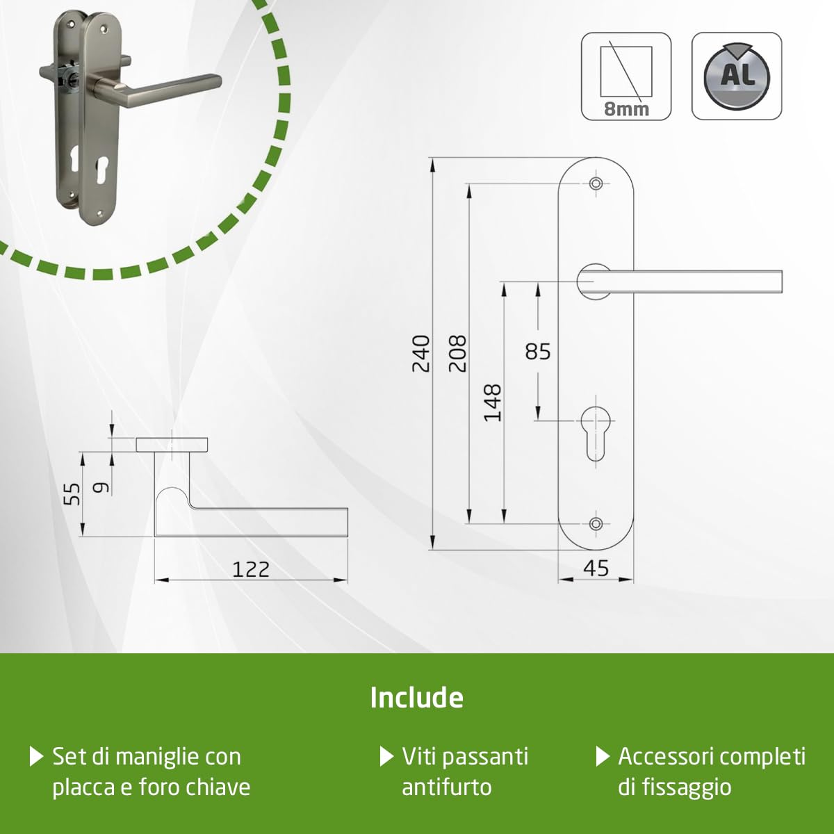 Amig - Confezione da 4 set di maniglie con piastra in acciaio per porte - mod. MAI PB85-240 x 45 mm – Quadretto da 8 mm – Design elegante e semplice – Con Bocallave – Alluminio nichel spazzolato