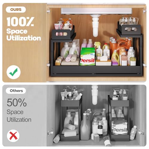 Image of 1 Pack-16 inch-26 inchW Expandable Under Sink Organizer With Upgrade Ball-Bearing Slide,2-Tier Pull Out Under Cabinet Organizer Height Adjustable,Not Suitable For Cabinets With Partitions In The Middle