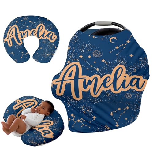 Image of Personalised Car Seat Cover for Girls and Boys - 7 in 1 Multipurpose Breast Feeding Cover, Nursing Cover, Peacock Blue Star Grocery Cart Cover - Birthday Gift for Babies