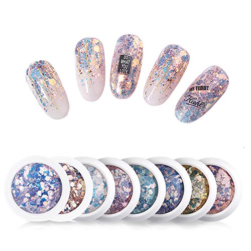 Micup Holographic Nail Art Sticker Kit Iridescent Nail Sequins Mermaid Colorful Flakes Glitter Make Up for Nail Face Body Eyes - 8Colors