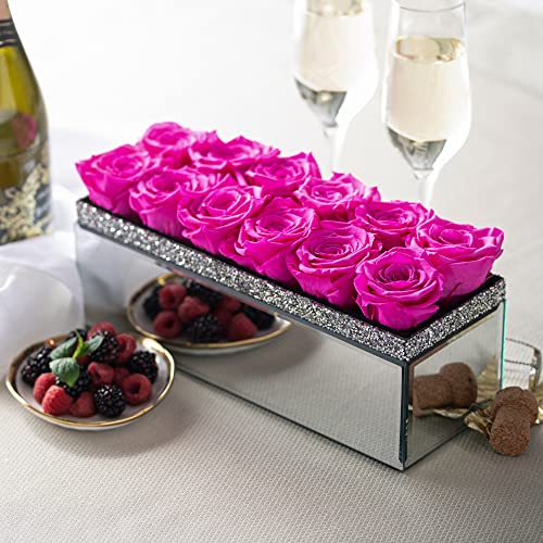 Soho Floral Arts | Extra Large Mirrored Vase Pave Accent | Preserved Roses That Last For Years | Forever Roses In A Box (Radiant Pink) #TOP1