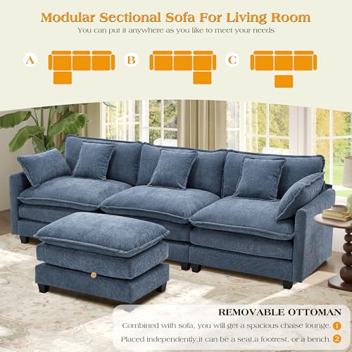 Image of 113.4 inch Modular Sectional Sofa,Cloud Couch for Living Room, Modern Deep Seat Sofa 3 Seater Chenille Fabric Comfy Couches with Throw Pillows & Ottoman for Apartment