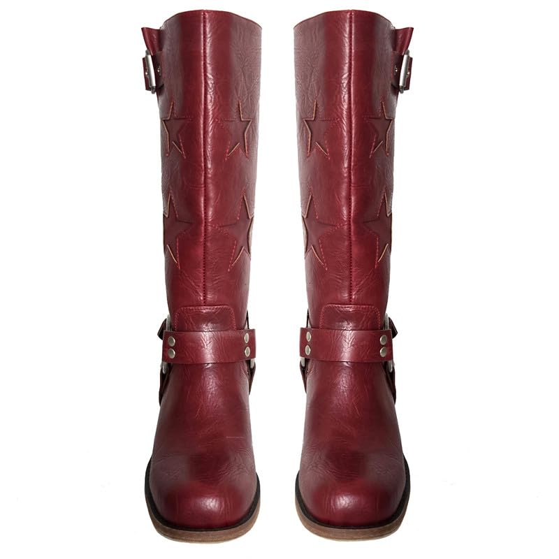 Image of KISTANIA Women's Knee High Riding Boots Square Toe Chunky Heel Fashion Buckle Belts Cowboy Cowgirl Moto Boots with Stars
