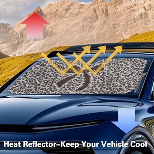 Image of Bow Leopard Print Car Front Windshield Sun Shade, Windshield Sunshade Front Window Cover Blocks UV Rays Sun Visor Fit Most Car, Truck, SUV, or Van 66.53 L x 34.44 inch W