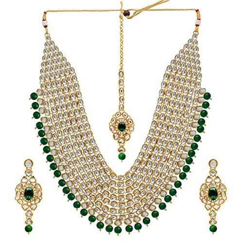 SADHANA COLLECTION White Pearl Traditional Jewellery Kundan Necklace Set with Maang Tika and Earrings for Women