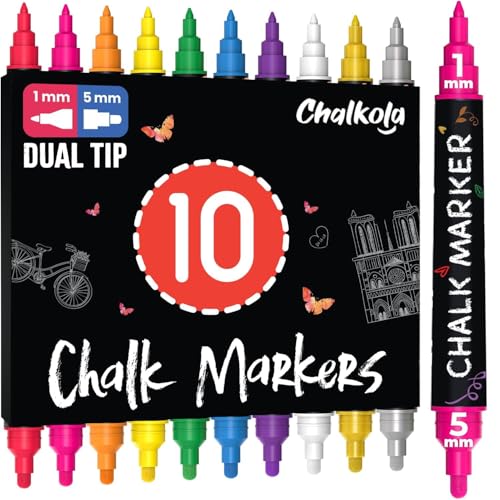 Chalkola Dual Tip Liquid Chalk Markers for Blackboard - (10 Pack 1mm+5mm Fine Bold Tip w/Gold Silver) | Wet Erase Erasable Chalk Pens for Chalkboard Signs Car Windows Calendar Glass Board