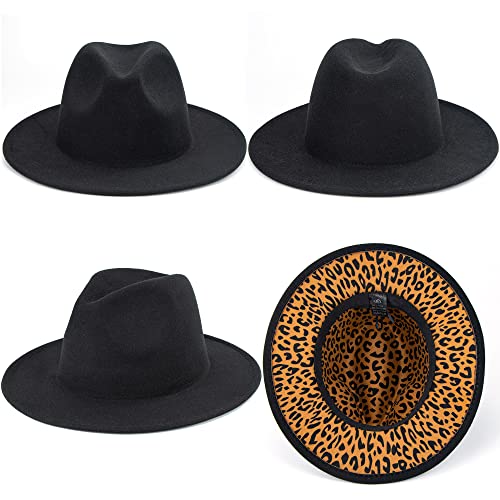 Classic Felt-Fedora Hat With Belt Buckle Women Wide Brim Wool Panama-Hat Adjustable（7 1/4） (Black/Leopard-1Pcs(No Belt Buckle), Medium-Large) #TOP6
